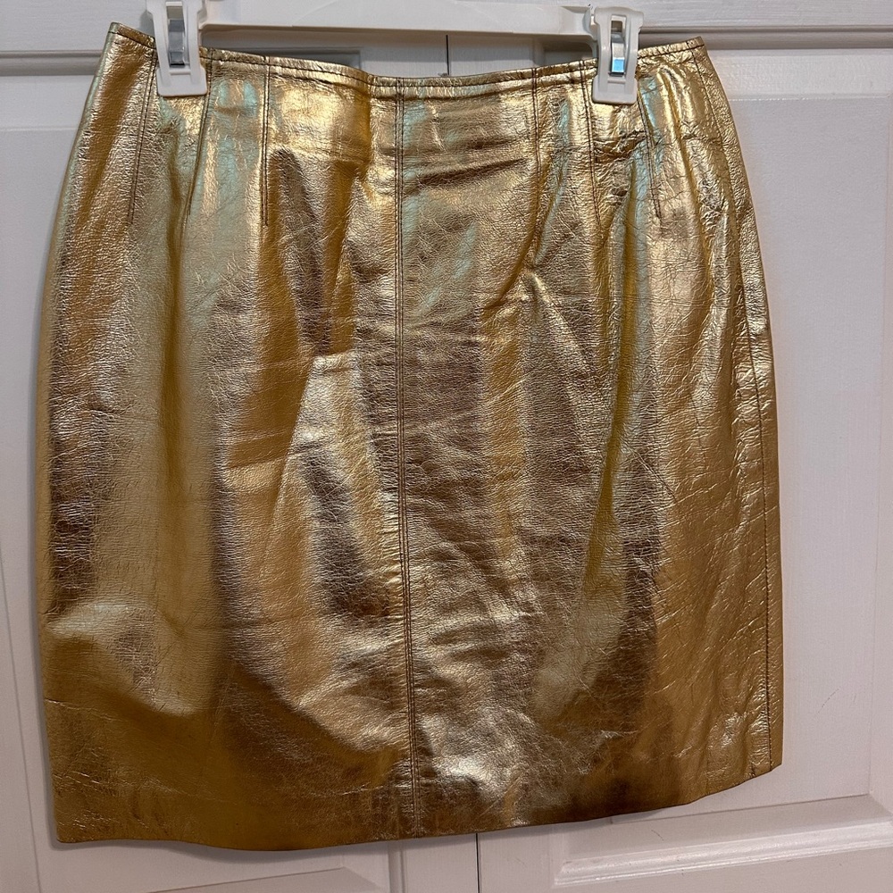 Maxima Gold Leather Mini Pencil Skirt Pleated Cocktail